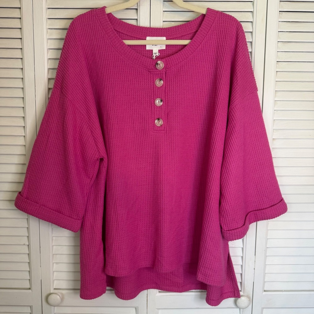Andree‎ by Unit Pink Waffle Knit Henley Oversized Boxy Top 1X fits 2X 3X NWT